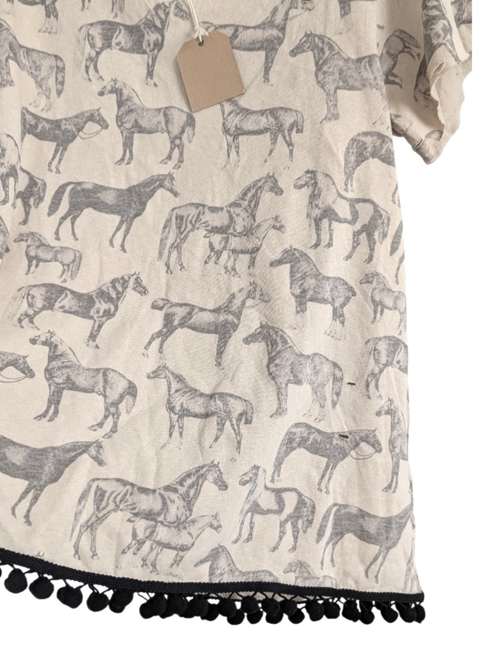 A Rare Bird Horse Print Distressed Pom Pom Hem Top, Small - Picture 4 of 6